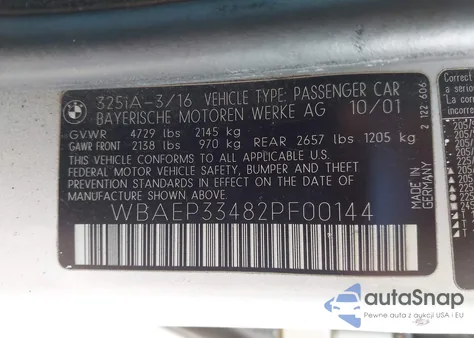 2002 BMW 325Xit z USA, uszkodzony, nr VIN WBAEP33482PF00144